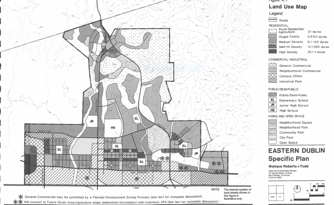 1997 East Dublin Specific Plan land use map, marking a planned high school site labeled HS